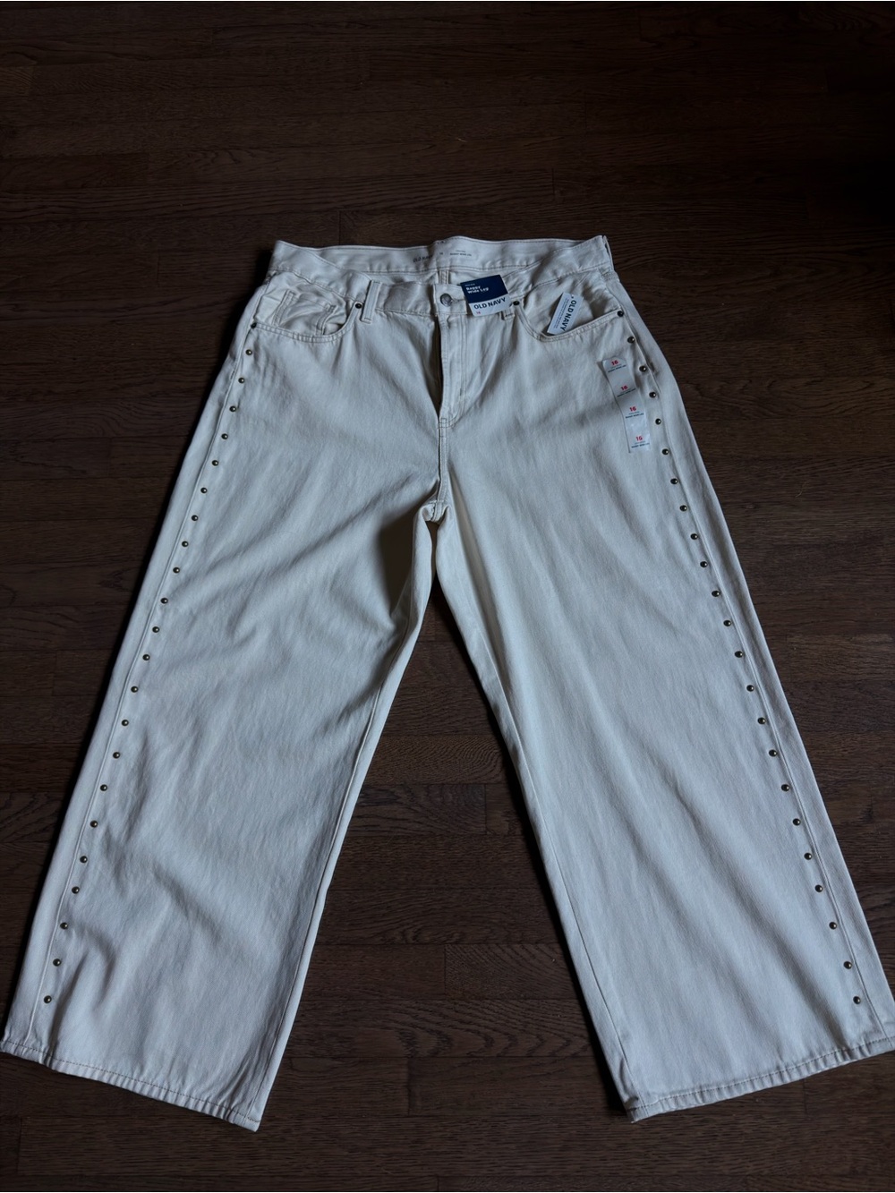Cream Stud-Trim Wide Leg Jeans